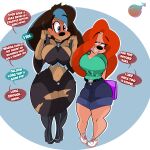  2020 absurd_res anthro bedroom_eyes big_breasts big_butt black_hair blue_eyes blue_hair blush bottomwear breasts butt canid canine canis clothing curvy_figure cutoffs denim denim_clothing dialogue digital_media_(artwork) disney domestic_dog duo english_text female footwear goof_troop hair hi_res hourglass_figure huge_breasts implied_homosexuality inkit89 mammal midriff multicolored_hair narrowed_eyes pants red_hair roxanne_(goof_troop) saki_(artemisthesuccubus) seductive shoes shorts simple_background smile sneakers tan_body tan_skin teeth text thick_thighs tongue torn_bottomwear torn_clothing torn_pants voluptuous wide_hips 