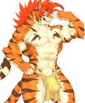  2020 abs absurd_res anthro biceps bottomwear captainjohkid clothing felid fur hair hi_res loincloth male mammal muscular muscular_anthro muscular_male pantherine pecs red_hair simple_background solo striped_body striped_fur stripes tiger 