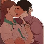  2boys absurdres against_wall artist_name brown_eyes brown_hair clothes_grab collared_jacket eyebrows haikyuu!! hand_on_another&#039;s_head highres jacket long_sleeves male_focus mcgooen multiple_boys oikawa_tooru_(haikyuu!!) shirt short_hair short_sleeves sportswear track_jacket undressing_another upper_body ushijima_wakatoshi volleyball_uniform wall_slam white_background wide-eyed yaoi 