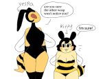  antennae_(anatomy) anthro arthropod arthropod_abdomen bee big_breasts big_eyes bitty_(puppychan48) black_body black_exoskeleton black_hair blush blush_stickers breasts brown_eyes cleavage clothed clothing dialogue duo empty_eyes english_text exoskeleton fecharis female front_view hair hymenopteran insect insect_wings larger_anthro larger_female leotard mouthless non-mammal_breasts noseless one-piece_swimsuit open_mouth open_smile portrait puppychan48 short_hair short_stack simple_background size_difference smaller_anthro smaller_female smile speech_bubble standing stinger swimwear text three-quarter_portrait vespa_(puppychan48) wasp wings yellow_body yellow_exoskeleton 