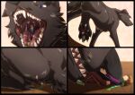  2021 black_border bodily_fluids border bottomwear canid canine canis chief_(isle_of_dogs) clothing digitigrade domestic_dog eyes_closed hi_res human incredibleediblecalico isle_of_dogs macro mammal micro mouth_shot pants saliva scarf sitting size_difference stomping teeth throat underpaw vore 