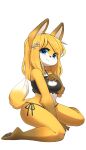  4_toes 5_fingers absurd_res anthro blonde_hair blue_eyes blush breasts brown_pawpads canid canine claws cleavage cleavage_cutout clothed clothing ear_tuft feet finger_claws fingers fox fur gloves_(marking) hair hand_on_breast hi_res jupiter_europe leg_markings long_hair looking_at_viewer mammal markings medium_breasts multicolored_body multicolored_fur pawpads plantigrade sitting smile socks_(marking) solo toes tuft two_tone_body two_tone_fur white_body white_fur yellow_body yellow_fur 
