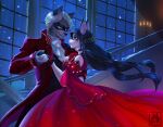  anthro ball_gown breasts canid canine canis clothed clothing dancing detailed detailed_background dress duo eyemask female fox hair long_hair male male/female mammal mask night red_clothing red_dress shaded stairs suit tagme white_hair window wolf yellow_eyes yurai 