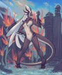  2020 anthro breasts digitigrade dragon featureless_breasts female genitals grey_body hair hi_res long_hair looking_aside navel nude outside pussy razulia_(trololohstuffs) smile solo spikes standing trololohstuffs water white_hair 