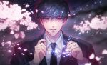  1boy black_hair blurry broken_eyewear broken_glass cherry_blossoms depth_of_field empty_eyes formal glass glasses glowing holding holding_eyewear looking_at_viewer lucy_(amanecer) necktie parted_lips red_eyes sakurazuka_seishirou short_hair solo suit tokyo_babylon upper_body x_(manga) 