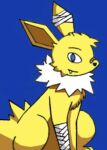  anonymous_artist band-aid bandage bandaged_arm bandaged_ear blue_background compression_artifacts eeveelution feral flat_colors jolteon looking_at_viewer low_res male nintendo onex_volts pok&eacute;mon pok&eacute;mon_(species) simple_background sitting solo video_games 