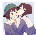  2girls asakusa_midori bangs blue_background blue_shirt blush bob_cut brown_eyes brown_hair bucket_hat cheek_kiss closed_eyes eizouken_ni_wa_te_wo_dasu_na! face-to-face green_headwear grin hair_behind_ear hat highres kiss looking_at_another m_juneii mizusaki_tsubame multiple_girls one_eye_closed outside_border school_uniform shirt short_hair signature simple_background smile thick_eyebrows 