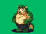  2021 4:3 anthro belly bottomwear canid canine canis clothing domestic_dog fur green_background green_body green_fur humanoid_hands kemono live-a-hero male mammal mokdai nanadragon4 overweight overweight_male pants simple_background solo video_games 