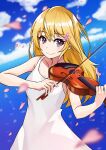  1girl absurdres bare_arms bare_shoulders blonde_hair dress flower hair_flower hair_ornament highres holding instrument long_hair looking_at_viewer miyazono_kawori music outdoors petals playing_instrument shigatsu_wa_kimi_no_uso shiny shiny_hair smile solo tkk_ramune violin white_dress 