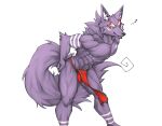  2020 abs absurd_res anthro biceps big_muscles bottomwear canid canine canis captainjohkid clothing fur hi_res male mammal muscular pecs purple_body purple_fur simple_background solo wolf 