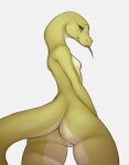  anthro breasts butt female genitals green_body green_eyes hi_res looking_at_viewer looking_back non-mammal_breasts nude pussy reptile scalie simple_background small_breasts smile snake solo tongue tongue_out woolrool 