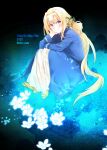  1girl alice_zuberg artist_request blonde_hair blue_cape blue_dress blue_eyes blue_flower blue_rose braid braided_ponytail cape dress flower hair_flower hair_ornament hairband highres long_hair long_sleeves looking_at_viewer osmanthus ponytail rose shoes smile sword_art_online sword_art_online:_alicization white_hairband 