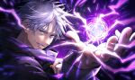  1boy absurdres aura bangs black_jacket blue_eyes eyelashes gojou_satoru grin hair_between_eyes hand_up high_collar highres jacket jujutsu_kaisen long_sleeves looking_away maeba_izumi magic male_focus open_hand purple_background short_hair smile solo upper_body white_hair 