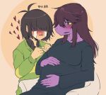  &lt;3 anthro big_breasts black_clothing black_sweater black_topwear blush bodily_fluids breasts brown_hair chair clothing crying deltarune female furniture green_clothing green_sweater green_topwear hair hand_on_stomach holding_stomach human kris_(deltarune) lizard male mammal open_mouth pregnant purple_body purple_scales purple_skin reptile romantic_ambiance romantic_couple scales scalie sitting sskomu_(artist) susie_(deltarune) sweater tears tears_of_joy topwear video_games 