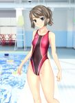  1girl absurdres blue_eyes blurry breasts brown_hair chair clothes_writing competition_swimsuit depth_of_field feet_out_of_frame highleg highleg_swimsuit highres huge_filesize lifeguard_chair looking_at_viewer multicolored multicolored_clothes multicolored_swimsuit one-piece_swimsuit original ponytail pool poolside red_swimsuit short_hair sidelocks small_breasts smile solo standing swimsuit takafumi 