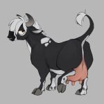  black_body black_fur bovid bovine cattle cloven_hooves featureless_crotch female feral fur grey_background hair half-closed_eyes hi_res hooves horn looking_at_viewer looking_back mammal narrowed_eyes raised_tail simple_background smile solo teats udders white_hair zazush-una 