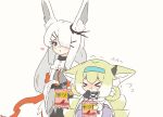  &gt;_&lt; 2girls :t animal_ear_fluff animal_ears arknights bag bangs black_gloves blonde_hair blue_hairband blush braid brown_background bunny_ears chibi closed_eyes closed_mouth eating eyebrows_visible_through_hair flying_sweatdrops fox_ears fox_girl fox_tail frostnova_(arknights) gloves grey_eyes hair_ornament hair_over_one_eye hair_rings hairband hairclip heart holding holding_bag jacket kurotofu long_hair long_sleeves multicolored_hair multiple_girls nose_blush purple_skirt shirt short_eyebrows simple_background single_glove skirt suzuran_(arknights) sweat tail thick_eyebrows twin_braids two-tone_hair very_long_hair wavy_mouth white_hair white_jacket white_shirt wide_sleeves 