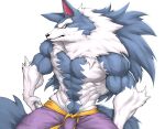  2020 abs anthro belt biceps big_muscles blue_body bottomwear canid canine canis capcom captainjohkid claws clothed clothing darkstalkers fur hi_res jon_talbain male mammal muscular muscular_anthro muscular_male obliques pants pecs solo topless triceps video_games were werecanid werecanine werewolf white_body white_fur 