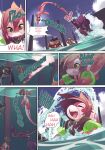  anthro comic coper_(rudragon) day detailed_background digital_media_(artwork) dragon english_text green_eyes hair hi_res horn loligo_(rudragon) mako_(rudragon) membrane_(anatomy) membranous_wings open_mouth outside pack_(rudragon) partially_submerged red_body red_hair red_skin ru_(rudragon) rudragon sky smile teeth text tongue wings 
