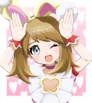  1girl absurdres animal_ears bangs brown_hair bunny_ears bunny_pose choker ebiura_akane fake_animal_ears grey_eyes heart highres looking_at_viewer may_(pokemon) one_eye_closed open_mouth pink_choker pokemon pokemon_(game) pokemon_masters_ex pokemon_oras simple_background solo wrist_cuffs 
