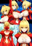  1girl absurdres aestus_estus ahoge arm_up ass back bangs blonde_hair blush braid breasts butt_crack dh_ead dress epaulettes fate/extra fate_(series) french_braid green_eyes hair_between_eyes hair_bun hair_intakes highres large_breasts long_hair long_sleeves looking_at_viewer looking_to_the_side multiple_views nero_claudius_(fate) nero_claudius_(fate)_(all) open_mouth red_dress smile sword weapon 