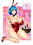  1girl animal_ears april bangs basket black_bow blue_hair blunt_bangs border bow breasts bunny_ears cleavage curvy detached_collar earrings easter_egg egg erkaz hairband high_heels highres holding holding_egg huge_breasts jewelry leotard open_mouth original red_eyes red_footwear red_leotard rina_atherina sitting thighs white_border white_hairband wrist_cuffs 