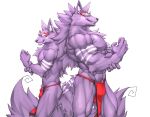  2020 abs anthro biceps bottomwear canid canine canis captainjohkid clothing fur group hi_res male mammal muscular muscular_anthro muscular_male pecs purple_body purple_fur simple_background wolf 