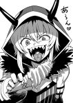  character_request fake_horns food greyscale highres hood hoodie horns ice_cream long_hair looking_at_viewer monochrome open_mouth simple_background smile solo teeth tongue tongue_out tukiwani white_background 