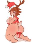  anthro antlers anus balls big_breasts big_butt biped blue_eyes blush breasts brown_hair butt capreoline cervid christmas christmas_clothing christmas_headwear clothing eyelashes genitals gift_wrapped gynomorph hair hat headgear headwear hi_res holidays horn intersex kneeling looking_back mammal mostly_nude presenting presenting_hindquarters rear_view reindeer ribbons santa_hat simple_background smile solo solterv tail_tuft tuft white_background 