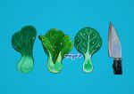  absurdres artist_name blue_background bok_choy food food_focus highres knife leaf meyoco no_humans original simple_background sparkle vegetable 