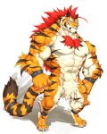  2019 abs absurd_res anthro biceps captainjohkid chest_tuft felid fur hair hi_res male mammal muscular muscular_anthro muscular_male pantherine pecs red_hair simple_background stripes tiger tuft 