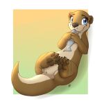  1:1 2021 absurd_res anthro black_nose blue_eyes border brown_body brown_fur featureless_crotch female fish fur gradient_background hi_res looking_at_viewer louart lutrine mammal marine mustelid nude simple_background smile white_border 