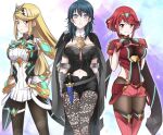  3girls absurdres arm_guards armor bangs black_cape blonde_hair blue_hair blush brown_legwear byleth_(fire_emblem) byleth_(fire_emblem)_(female) cape clothing_cutout corset dagger earrings emblem fingerless_gloves fire_emblem fire_emblem:_three_houses gloves hands_on_hips highres jewelry long_hair looking_at_viewer medium_hair multiple_girls mythra_(massive_melee)_(xenoblade) mythra_(xenoblade) navel_cutout pyra_(xenoblade) red_hair red_shorts short_hair short_shorts shorts shoulder_armor sidelocks smile super_smash_bros. swept_bangs tiara underbust weapon xenoblade_chronicles_(series) xenoblade_chronicles_2 zero-theme 