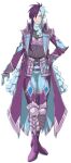  1boy aqua_eyes armor asrbpy blue_gloves blue_neckwear boots brooch facial_mark full_body gen_8_pokemon gloves greaves hair_over_one_eye hand_on_hip highres jewelry light_blue_hair looking_at_viewer multicolored_hair personification pokemon purple_footwear purple_hair simple_background solo standing thigh_boots thighhighs toxtricity two-tone_hair white_background 