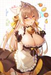  1girl animal_ears apron arknights bangs bell breasts cat_ears cat_girl cleavage garter_straps hwansang_jungdog jingle_bell large_breasts maid maid_apron maid_headdress open_mouth paw_pose suzuran_(arknights) 