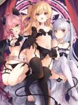  3girls :d animal_ears bare_shoulders belt black_bra black_dress black_gloves black_legwear black_panties blonde_hair bra breasts cameltoe cat_ears cleavage closed_mouth demon_girl demon_horns demon_tail dress elbow_gloves expressionless fang feathered_wings frilled_legwear garter_straps gloves green_eyes groin heart heart_hands heterochromia highres horns kedama_milk lingerie long_hair looking_at_viewer magic_circle medium_breasts multiple_girls navel no_shoes one_side_up open_mouth original outstretched_arm panties pink_hair pointy_ears pubic_tattoo red_eyes sakyumama_(kedama_milk) short_hair sidelocks silver_hair slit_pupils small_breasts smile stomach strap_slip tail tattoo thigh_strap thighhighs thighs toeless_legwear two_side_up underwear underwear_only white_legwear wings yellow_eyes 