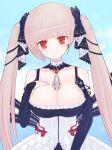  1girl azur_lane bangs bare_shoulders black_ribbon blue_sky blunt_bangs blush breasts cleavage closed_mouth cloud collarbone day eyebrows_visible_through_hair facing_viewer formidable_(azur_lane) hair_ribbon hand_on_own_chest hand_up head_tilt large_breasts light_brown_hair long_hair looking_at_viewer outdoors red_eyes red_pupils ribbon sky solo suta_(clusta) twintails very_long_hair water 
