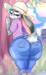  2021 absurd_res anthro big_butt bottomwear butt clothed clothing denim denim_clothing digital_media_(artwork) disney female fur grey_body grey_fur hi_res huge_butt jeans judy_hopps kiseff lagomorph leporid looking_at_viewer looking_back looking_back_at_viewer mammal narrowed_eyes pants rabbit solo thick_thighs zootopia 