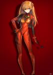  1girl absurdres blue_eyes bodysuit breasts evangelion:_3.0_you_can_(not)_redo hair_ornament hand_on_hip highres jazztaki long_hair looking_at_viewer medium_breasts neon_genesis_evangelion orange_hair rebuild_of_evangelion red_background shikinami_asuka_langley signature souryuu_asuka_langley standing two_side_up 