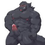  1:1 absurd_res anthro balls black_body blush bodily_fluids erection genital_fluids genitals godzilla godzilla_(series) hi_res humanoid_genitalia humanoid_penis jumperbear kaiju male muscular muscular_anthro muscular_male penis scalie solo toho tongue tongue_out 