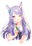  1girl ;d absurdres animal_ears aqua_bow bangs black_bow blush bow commentary_request cropped_torso ear_bow eyebrows_visible_through_hair flower head_tilt highres holding holding_flower horse_ears horse_girl light_purple_hair long_hair looking_at_viewer mejiro_mcqueen_(umamusume) one_eye_closed open_mouth puffy_short_sleeves puffy_sleeves purple_eyes purple_shirt red_flower sailor_collar school_uniform shiino_sera shirt short_sleeves signature smile solo swept_bangs tulip umamusume white_background white_sailor_collar 
