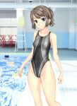  1girl absurdres blue_eyes blurry breasts brown_hair chair clothes_writing competition_swimsuit depth_of_field feet_out_of_frame grey_swimsuit highleg highleg_swimsuit highres huge_filesize lifeguard_chair looking_at_viewer multicolored multicolored_clothes multicolored_swimsuit one-piece_swimsuit original ponytail pool poolside short_hair sidelocks small_breasts smile solo standing swimsuit takafumi 