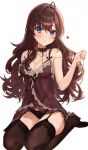  1girl absurdres ahoge bangs black_panties blue_eyes blush breasts brown_hair brown_legwear cleavage eyebrows_visible_through_hair garter_straps hair_intakes heart highres ichinose_shiki idolmaster idolmaster_cinderella_girls kudou_(sikisiki0000) lingerie looking_at_viewer negligee panties see-through seiza simple_background sitting solo underwear white_background 