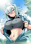  1girl breasts character_request closed_mouth cloud covered_nipples highres large_breasts medium_hair navel solo sweat tukiwani wince 