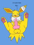  animal_genitalia animal_penis anonymous_artist anus balls band-aid bandage bandaged_arm bandaged_ear big_knot blue_background blush canine_penis eeveelution feral flat_colors genitals jolteon knot looking_at_viewer low_res male nintendo onex_volts pawpads penis pok&eacute;mon pok&eacute;mon_(species) presenting simple_background solo video_games x_anus 