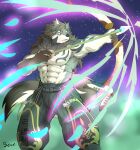  abs absurd_res anthro arrow bottomwear bow_(weapon) canid canine canis clothed clothing fangs green_bottomwear green_clothing grey_hair hair hi_res holding_bow_(weapon) male mammal muscular muscular_anthro muscular_male open_mouth ranged_weapon serenaught solo temujin tokyo_afterschool_summoners topless video_games weapon wolf yellow_eyes 
