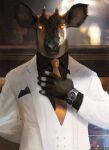  2021 5_fingers anthro black_nose cervid clock clothed clothing digital_media_(artwork) fingers glowing glowing_eyes hand_on_chest handkerchief hi_res horn kerchief looking_at_viewer male mammal necktie nomax solo suit_jacket watch wristwatch 