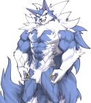  2020 abs anthro biceps blue_body canid canine canis capcom captainjohkid darkstalkers fur hi_res jon_talbain male mammal muscular muscular_anthro muscular_male nude pecs simple_background solo tuft video_games were werecanid werecanine werewolf white_body white_fur 