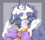  abs absurd_res anthro belt biceps big_muscles blue_body bottomwear canid canine canis capcom captainjohkid claws clothed clothing darkstalkers fur hi_res jon_talbain male mammal muscular muscular_anthro muscular_male obliques pants pecs simple_background solo topless triceps video_games were werecanid werecanine werewolf white_body wolf 