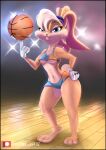  anthro blue_eyes breasts clothed clothing female fur hair hi_res lagomorph leporid link6432 lola_bunny looney_tunes mammal nipples rabbit simple_background smile solo space_jam topwear warner_brothers 